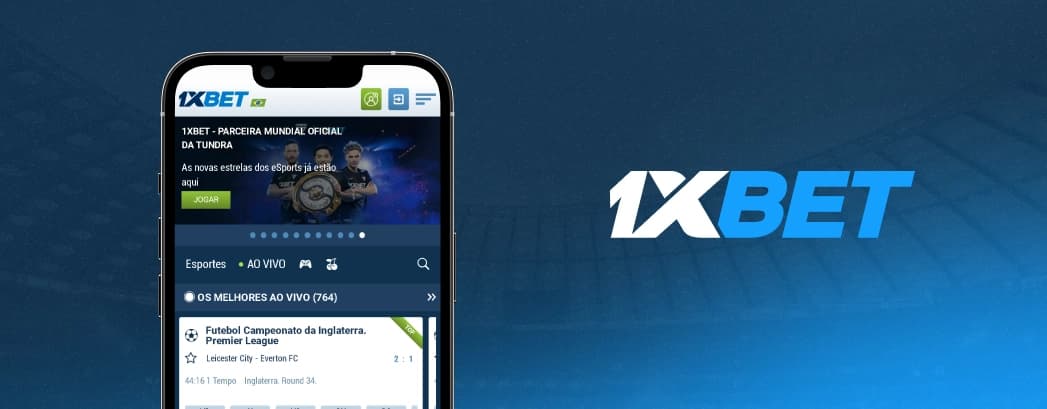 imagem mostra um smartphone aberta na página inicial da 1XBet e, ao lado, a logomarca da casa de apostas