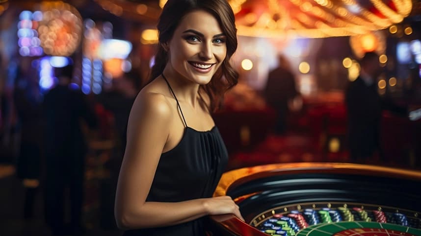 Image shows woman smiling in casino
