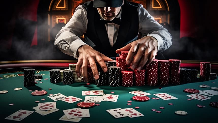 The image shows a dealer with cards and casino chips