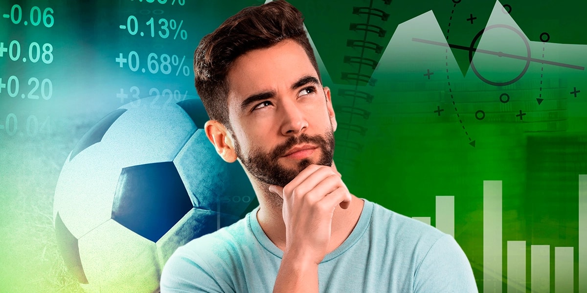 Imagem mostra homem pensativo. Ao fundo, gráficos, bola e números.